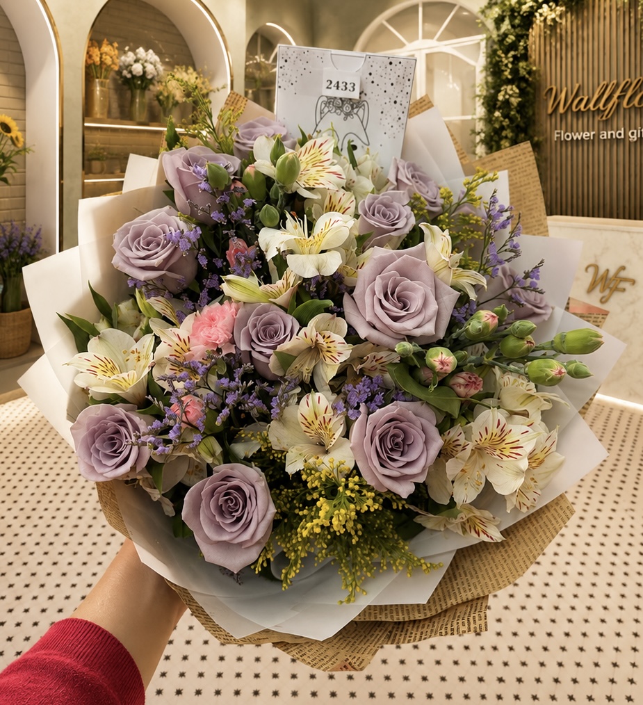 Ramo de rosas lavanda, astromelias blancas y statice morado en papel blanco y kraft — Wallflower Guatemala
