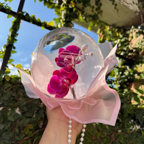 Orquídea fucsia dentro de una burbuja transparente con papel rosado y perlas — Wallflower Guatemala